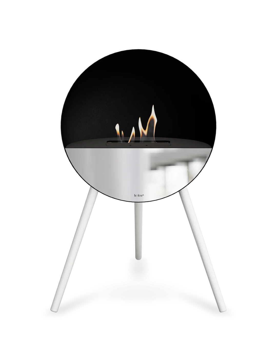Bioethanol Standkamin Le Feu EYE freistehend in Schwarz mit oberem Glas in Schwarz, Frontglas in Spiegelglas und Standfüßen in Weiß
