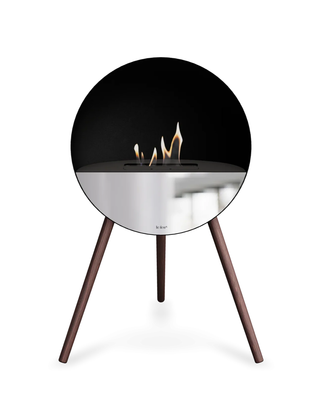 Bioethanol Standkamin Le Feu EYE freistehend in Schwarz mit oberem Glas in Schwarz, Frontglas in Spiegelglas und Standfüßen aus geräucherter Eiche