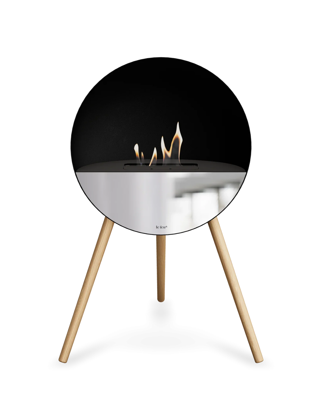 Bioethanol Standkamin Le Feu EYE freistehend in Schwarz mit oberem Glas in Schwarz, Frontglas in Spiegelglas und Standfüßen aus seifenbehandelter Eiche