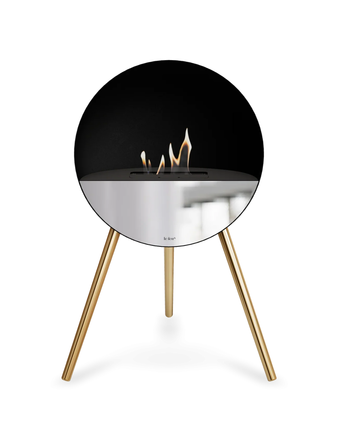 Bioethanol Standkamin Le Feu EYE freistehend in Schwarz mit oberem Glas in Schwarz, Frontglas in Spiegelglas und Standfüßen in Roségold