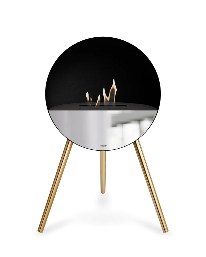 Bioethanol Standkamin Le Feu EYE freistehend in Schwarz mit oberem Glas in Schwarz, Frontglas in Spiegelglas und Standfüßen in Roségold
