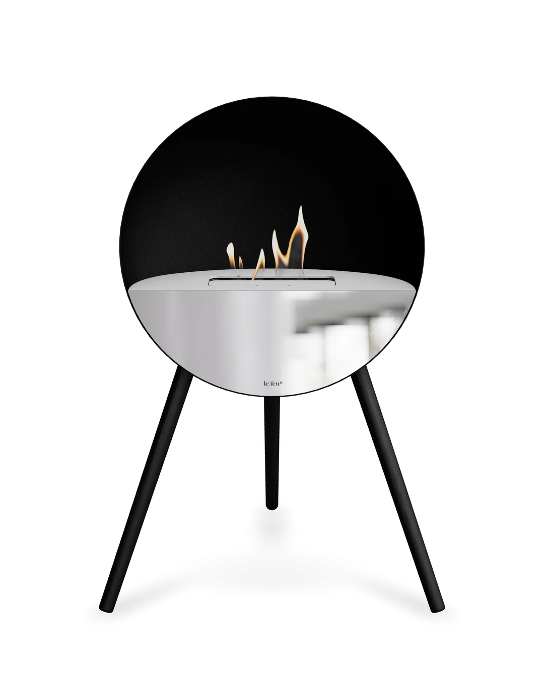 Bioethanol Standkamin Le Feu EYE freistehend in Schwarz mit oberem Glas in Weiß, Frontglas in Spiegelglas und Standfüßen in Schwarz