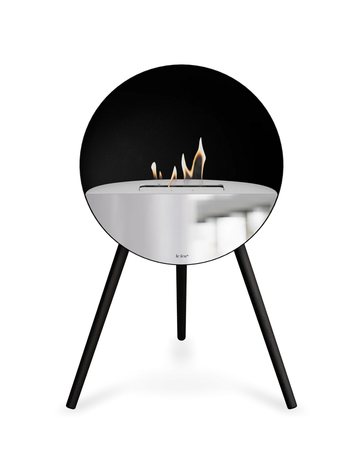 Bioethanol Standkamin Le Feu EYE freistehend in Schwarz mit oberem Glas in Weiß, Frontglas in Spiegelglas und Standfüßen in Schwarz