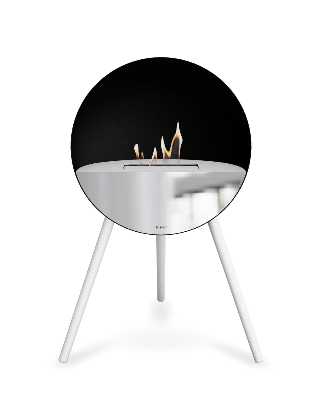 Bioethanol Standkamin Le Feu EYE freistehend in Schwarz mit oberem Glas in Weiß, Frontglas in Spiegelglas und Standfüßen in Weiß