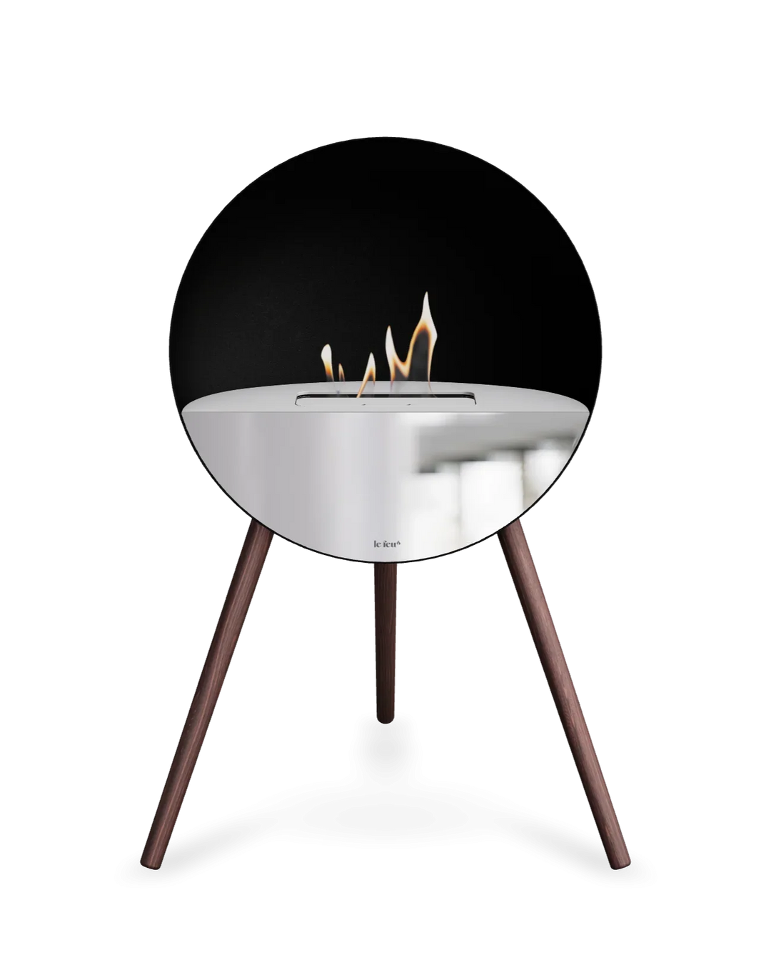 Bioethanol Standkamin Le Feu EYE freistehend in Schwarz mit oberem Glas in Weiß, Frontglas in Spiegelglas und Standfüßen aus geräucherter Eiche