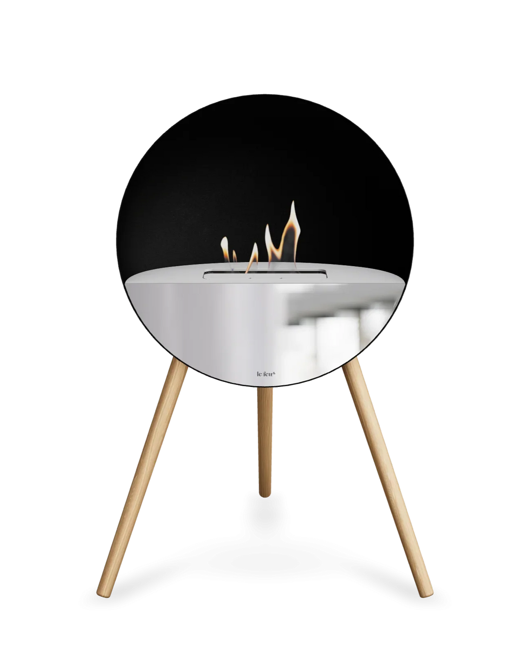 Bioethanol Standkamin Le Feu EYE freistehend in Schwarz mit oberem Glas in Weiß, Frontglas in Spiegelglas und Standfüßen aus seifenbehandelter Eiche