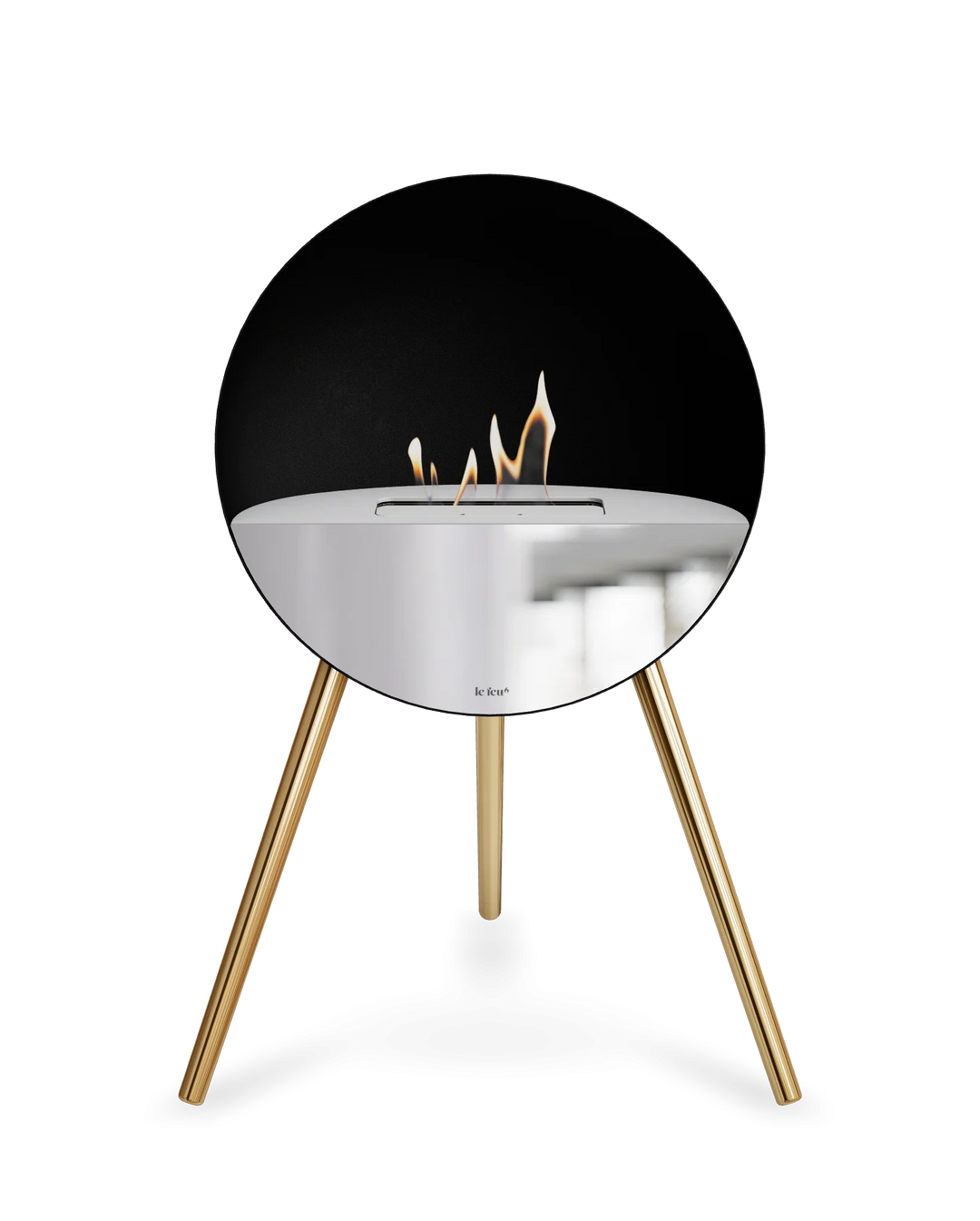 Bioethanol Standkamin Le Feu EYE freistehend in Schwarz mit oberem Glas in Weiß, Frontglas in Spiegelglas und Standfüßen in Roségold