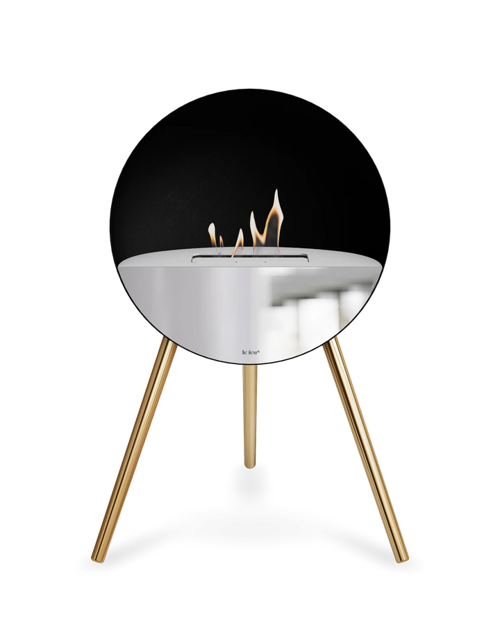 Bioethanol Standkamin Le Feu EYE freistehend in Schwarz mit oberem Glas in Weiß, Frontglas in Spiegelglas und Standfüßen in Roségold