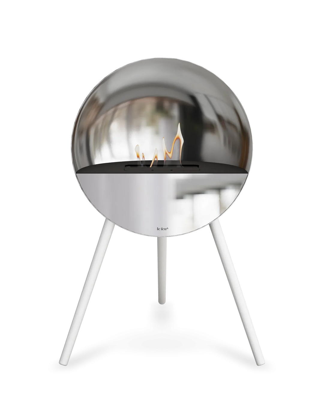 Bioethanol Standkamin Le Feu EYE freistehend in Silber mit oberem Glas in Schwarz, Frontglas in Spiegelglas und Standfüßen in Weiß