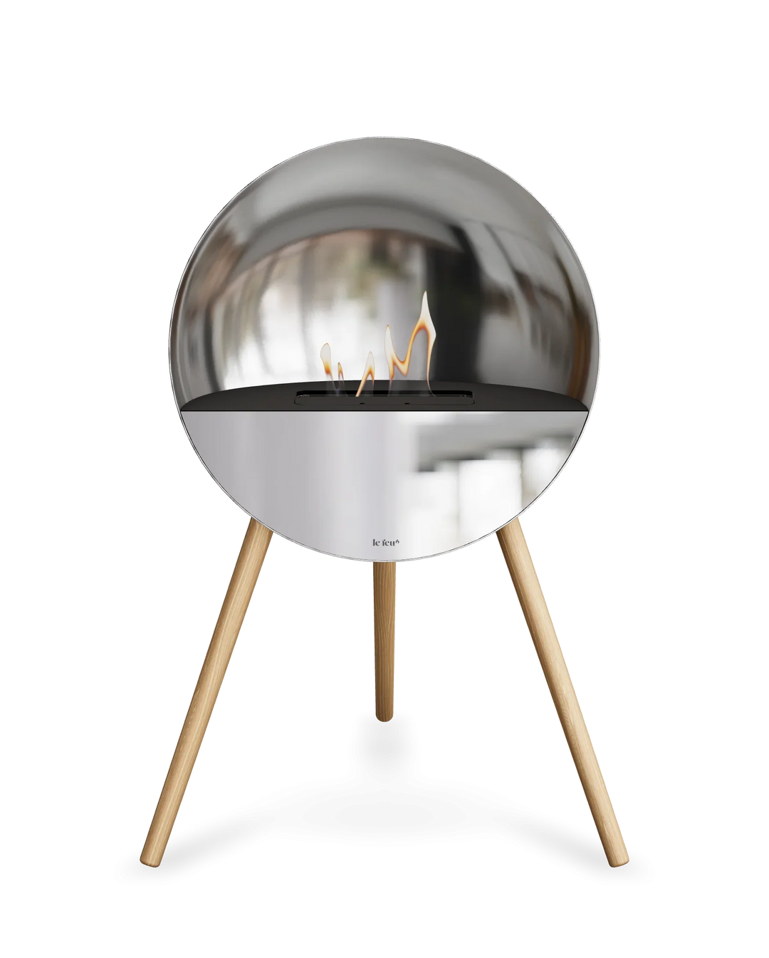 Bioethanol Standkamin Le Feu EYE freistehend in Silber mit oberem Glas in Schwarz, Frontglas in Spiegelglas und Standfüßen aus seifenbehandelter Eiche