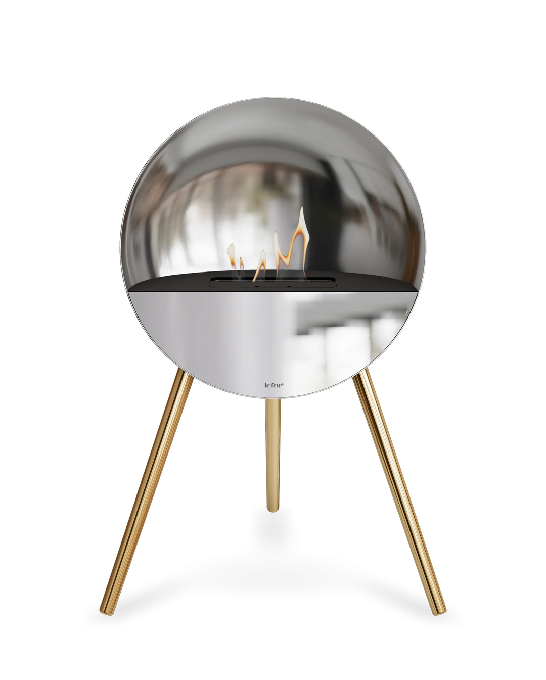 Bioethanol Standkamin Le Feu EYE freistehend in Silber mit oberem Glas in Schwarz, Frontglas in Spiegelglas und Standfüßen in Roségold