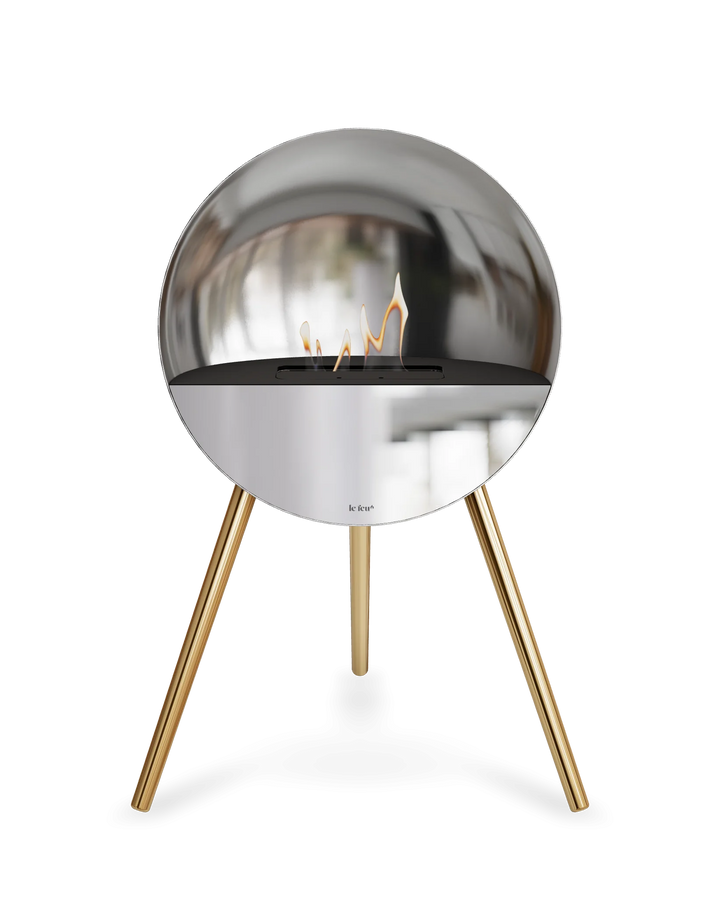 Bioethanol Standkamin Le Feu EYE freistehend in Silber mit oberem Glas in Schwarz, Frontglas in Spiegelglas und Standfüßen in Roségold