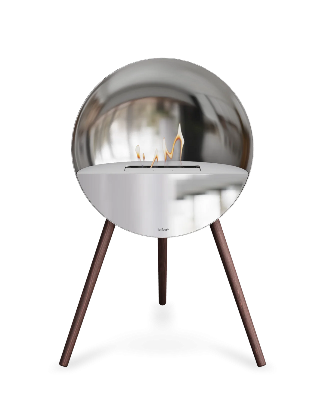 Bioethanol Standkamin Le Feu EYE freistehend in Silber mit oberem Glas in Weiß, Frontglas in Spiegelglas und Standfüßen aus geräucherter Eiche