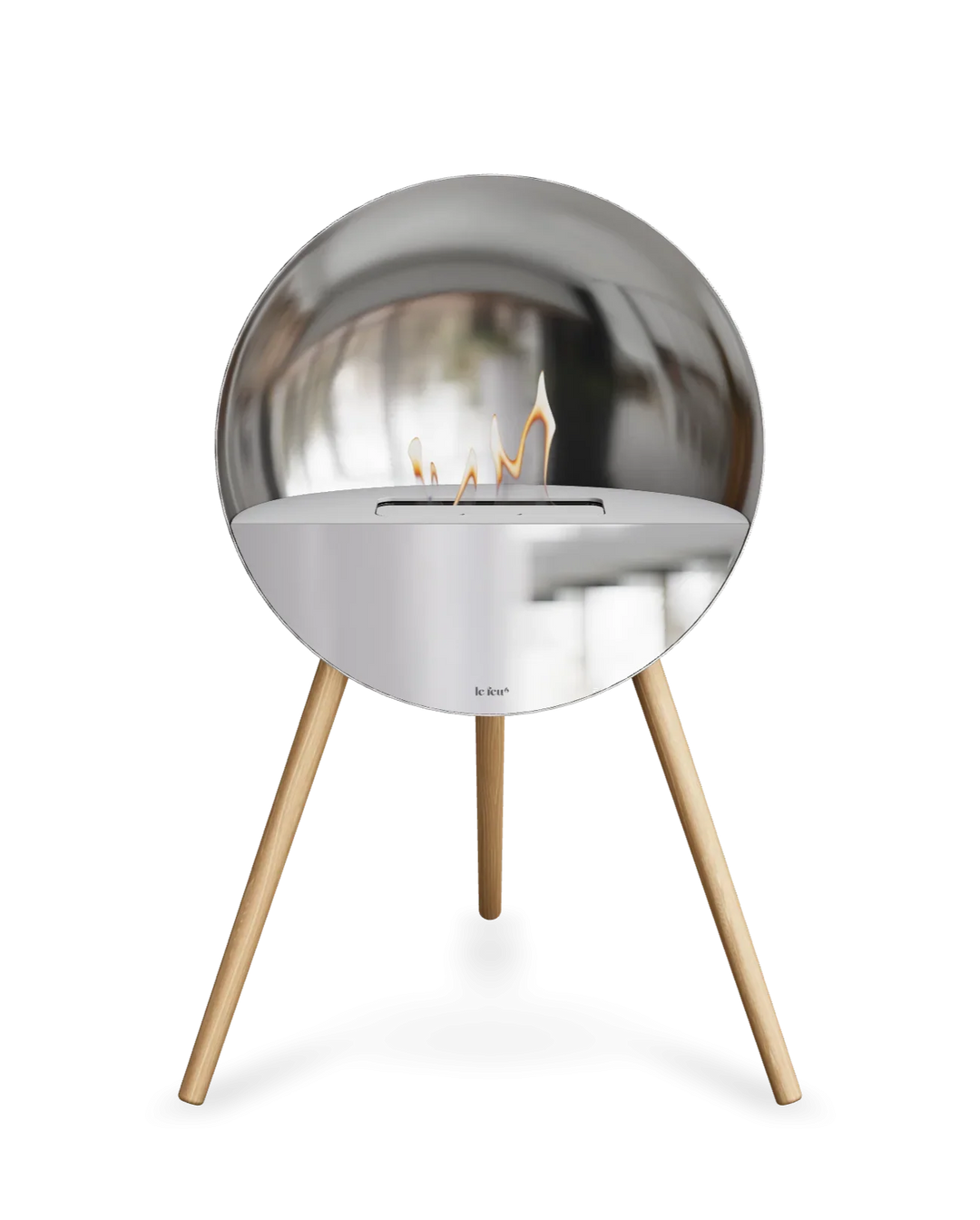 Bioethanol Standkamin Le Feu EYE freistehend in Silber mit oberem Glas in Weiß, Frontglas in Spiegelglas und Standfüßen aus seifenbehandelter Eiche