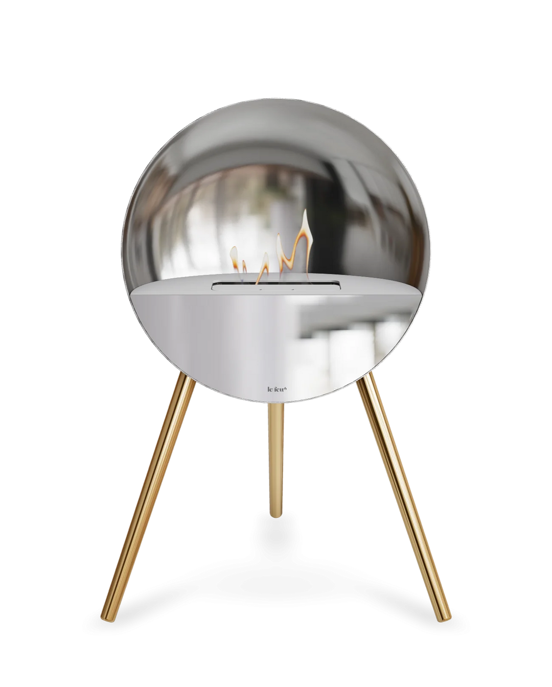 Bioethanol Standkamin Le Feu EYE freistehend in Silber mit oberem Glas in Weiß, Frontglas in Spiegelglas und Standfüßen in Roségold