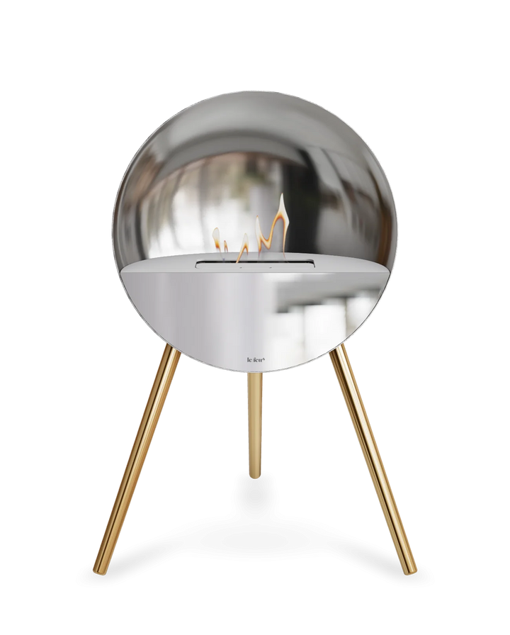 Bioethanol Standkamin Le Feu EYE freistehend in Silber mit oberem Glas in Weiß, Frontglas in Spiegelglas und Standfüßen in Roségold