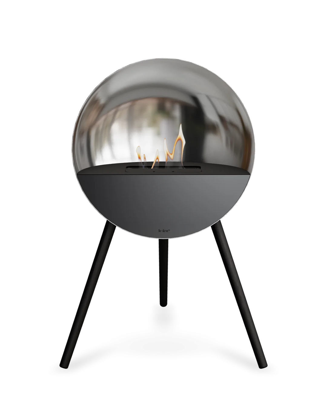 Bioethanol Standkamin Le Feu EYE freistehend in Silber mit oberem Glas in Schwarz, Frontglas in Schwarz und Standfüßen in Schwarz