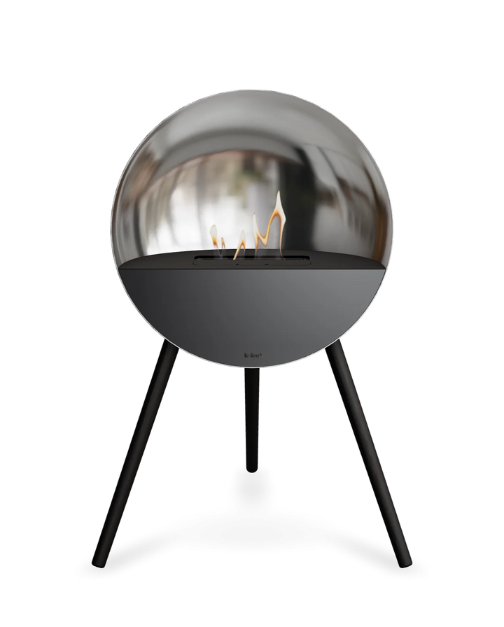 Bioethanol Standkamin Le Feu EYE freistehend in Silber mit oberem Glas in Schwarz, Frontglas in Schwarz und Standfüßen in Schwarz