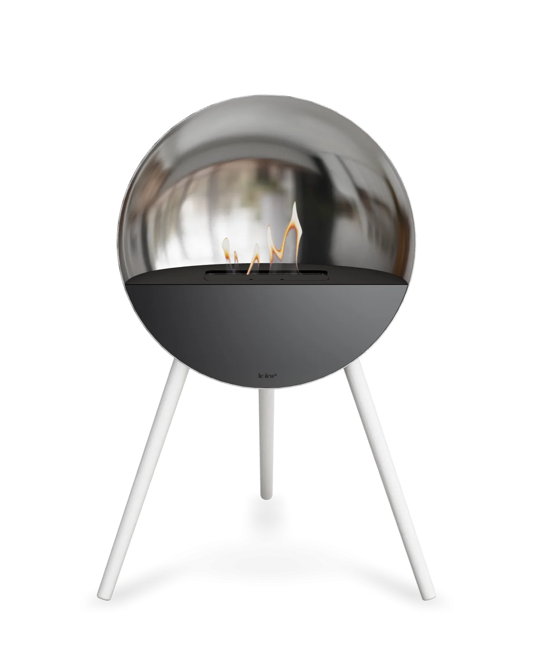 Bioethanol Standkamin Le Feu EYE freistehend in Silber mit oberem Glas in Schwarz, Frontglas in Schwarz und Standfüßen in Weiß