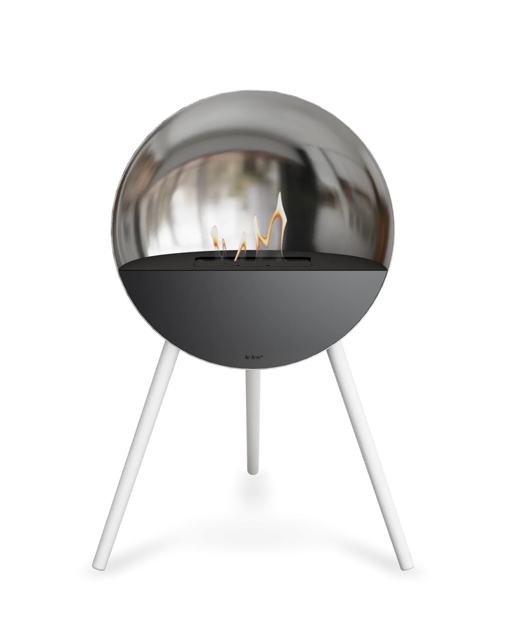 Bioethanol Standkamin Le Feu EYE freistehend in Silber mit oberem Glas in Schwarz, Frontglas in Schwarz und Standfüßen in Weiß