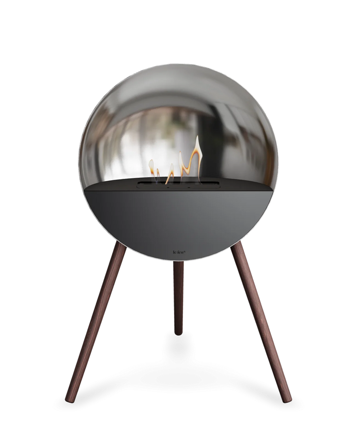 Bioethanol Standkamin Le Feu EYE freistehend in Silber mit oberem Glas in Schwarz, Frontglas in Schwarz und Standfüßen aus geräucherter Eiche