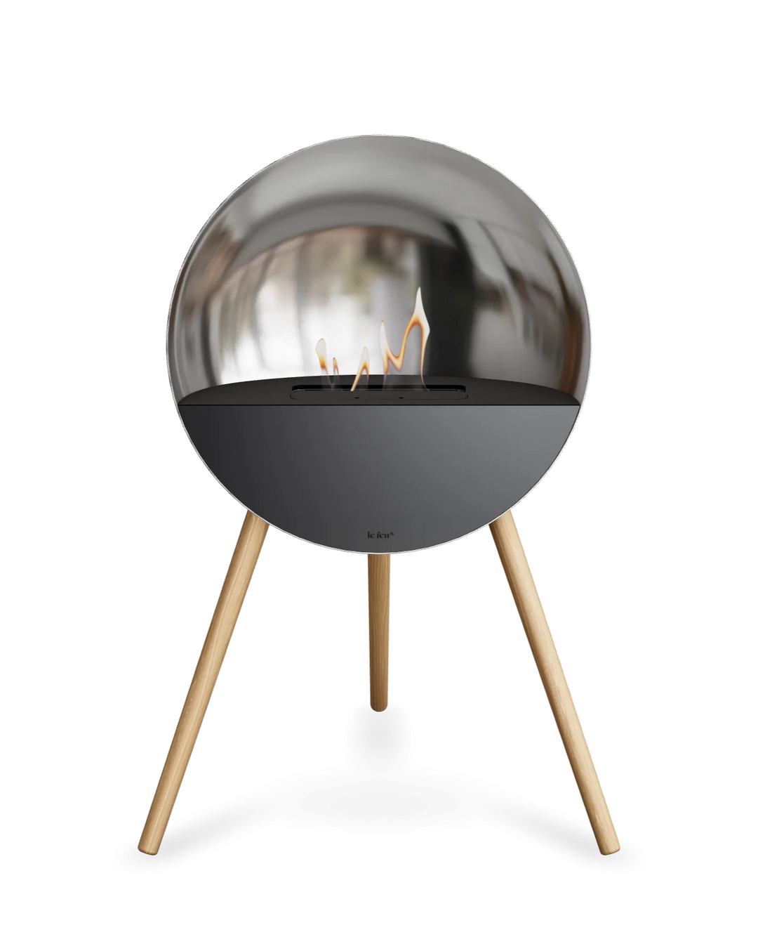 Bioethanol Standkamin Le Feu EYE freistehend in Silber mit oberem Glas in Schwarz, Frontglas in Schwarz und Standfüßen aus seifenbehandelter Eiche