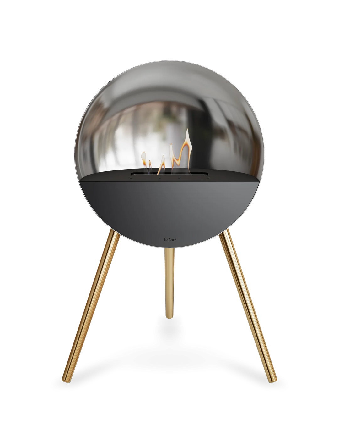 Bioethanol Standkamin Le Feu EYE freistehend in Silber mit oberem Glas in Schwarz, Frontglas in Schwarz und Standfüßen in Roségold