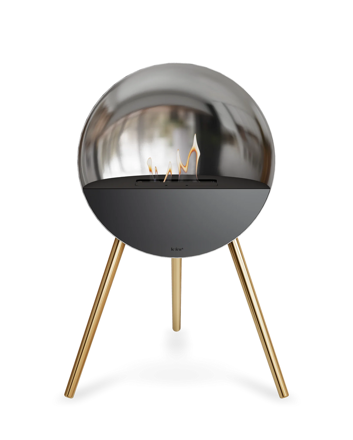Bioethanol Standkamin Le Feu EYE freistehend in Silber mit oberem Glas in Schwarz, Frontglas in Schwarz und Standfüßen in Roségold