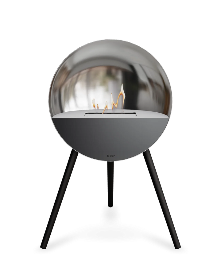 Bioethanol Standkamin Le Feu EYE freistehend in Silber mit oberem Glas in Weiß, Frontglas in Schwarz und Standfüßen in Schwarz