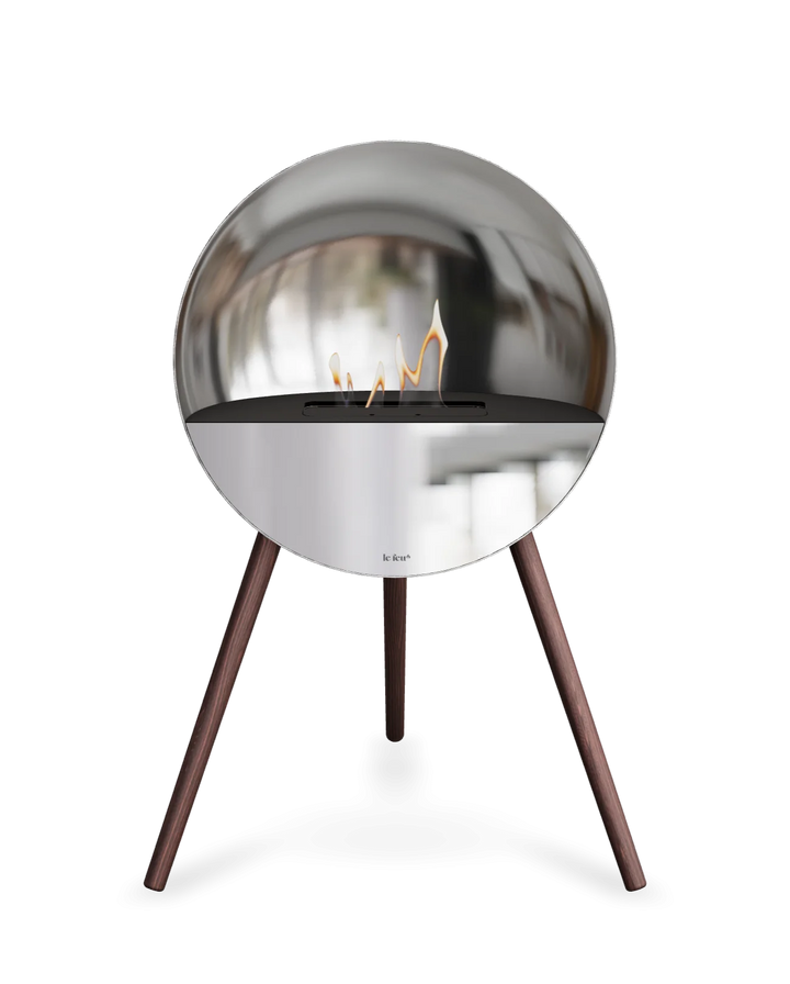 Bioethanol Standkamin Le Feu EYE freistehend in Silber mit oberem Glas in Schwarz, Frontglas in Spiegelglas und Standfüßen aus geräucherter Eiche