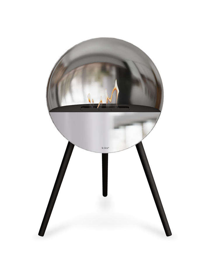 Bioethanol Standkamin Le Feu EYE freistehend in Silber mit oberem Glas in Schwarz, Frontglas in Spiegelglas und Standfüßen in Schwarz