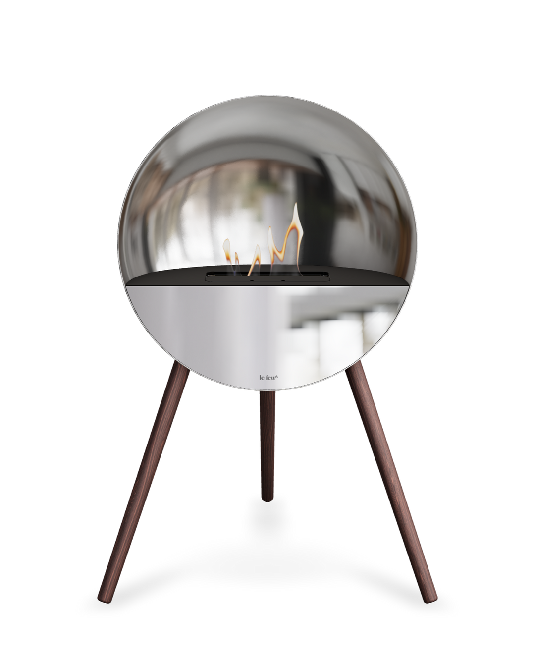 Bioethanol Standkamin Le Feu EYE freistehend in Silber mit oberem Glas in Schwarz, Frontglas in Spiegelglas und Standfüßen aus geräucherter Eiche