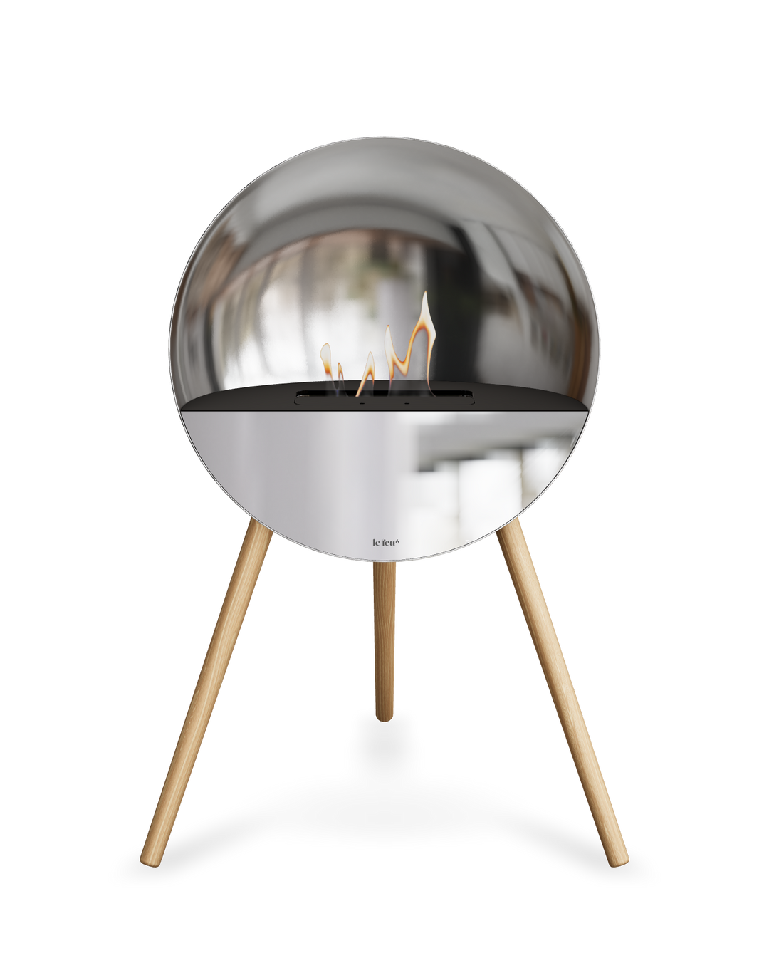 Bioethanol Standkamin Le Feu EYE freistehend in Silber mit oberem Glas in Schwarz, Frontglas in Spiegelglas und Standfüßen aus seifenbehandelter Eiche