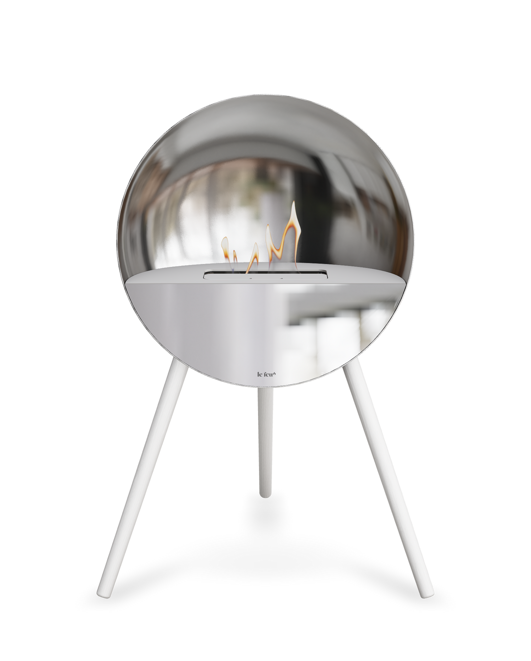 Bioethanol Standkamin Le Feu EYE freistehend in Silber mit oberem Glas in Weiß, Frontglas in Spiegelglas und Standfüßen in Weiß