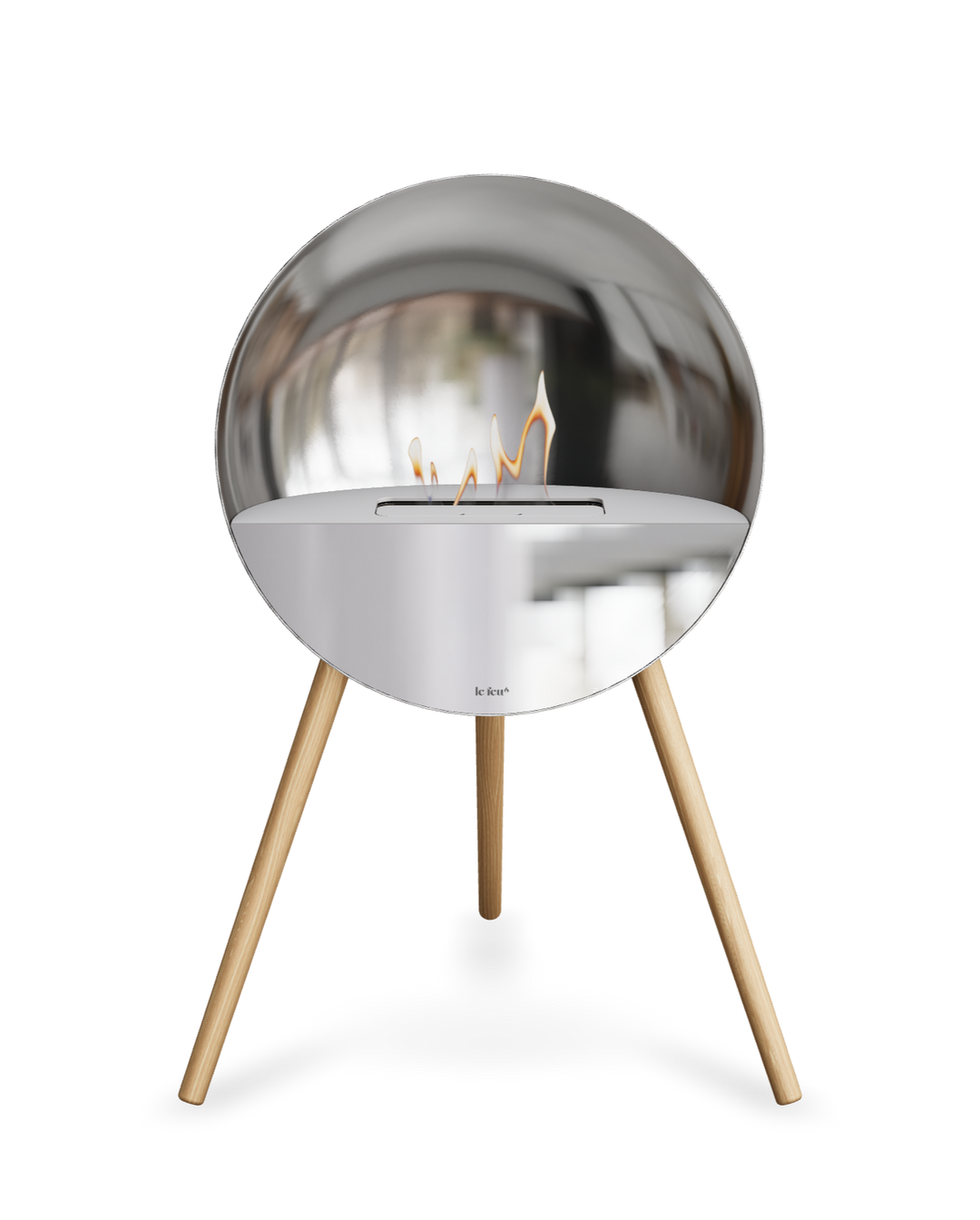Bioethanol Standkamin Le Feu EYE freistehend in Silber mit oberem Glas in Weiß, Frontglas in Spiegelglas und Standfüßen aus seifenbehandelter Eiche
