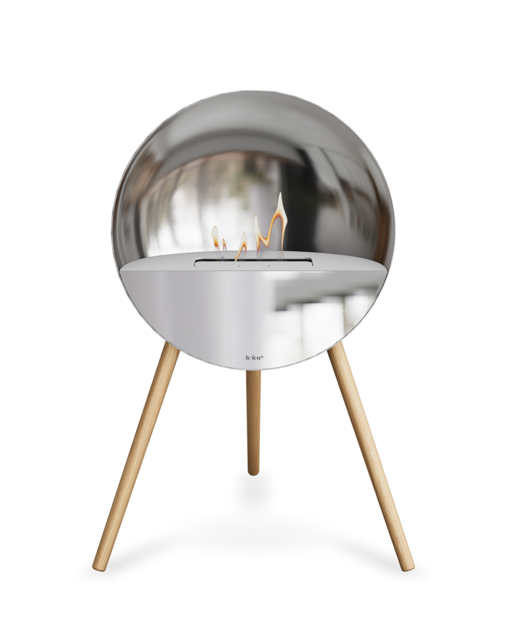 Bioethanol Standkamin Le Feu EYE freistehend in Silber mit oberem Glas in Weiß, Frontglas in Spiegelglas und Standfüßen aus seifenbehandelter Eiche