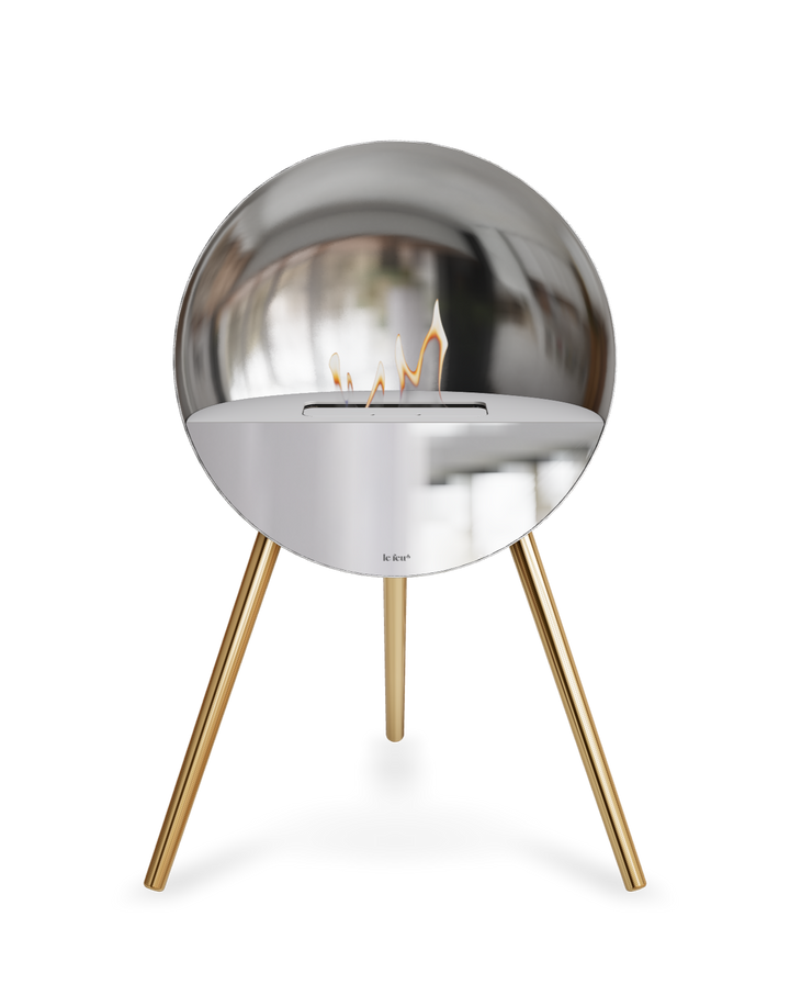 Bioethanol Standkamin Le Feu EYE freistehend in Silber mit oberem Glas in Weiß, Frontglas in Spiegelglas und Standfüßen in Roségold