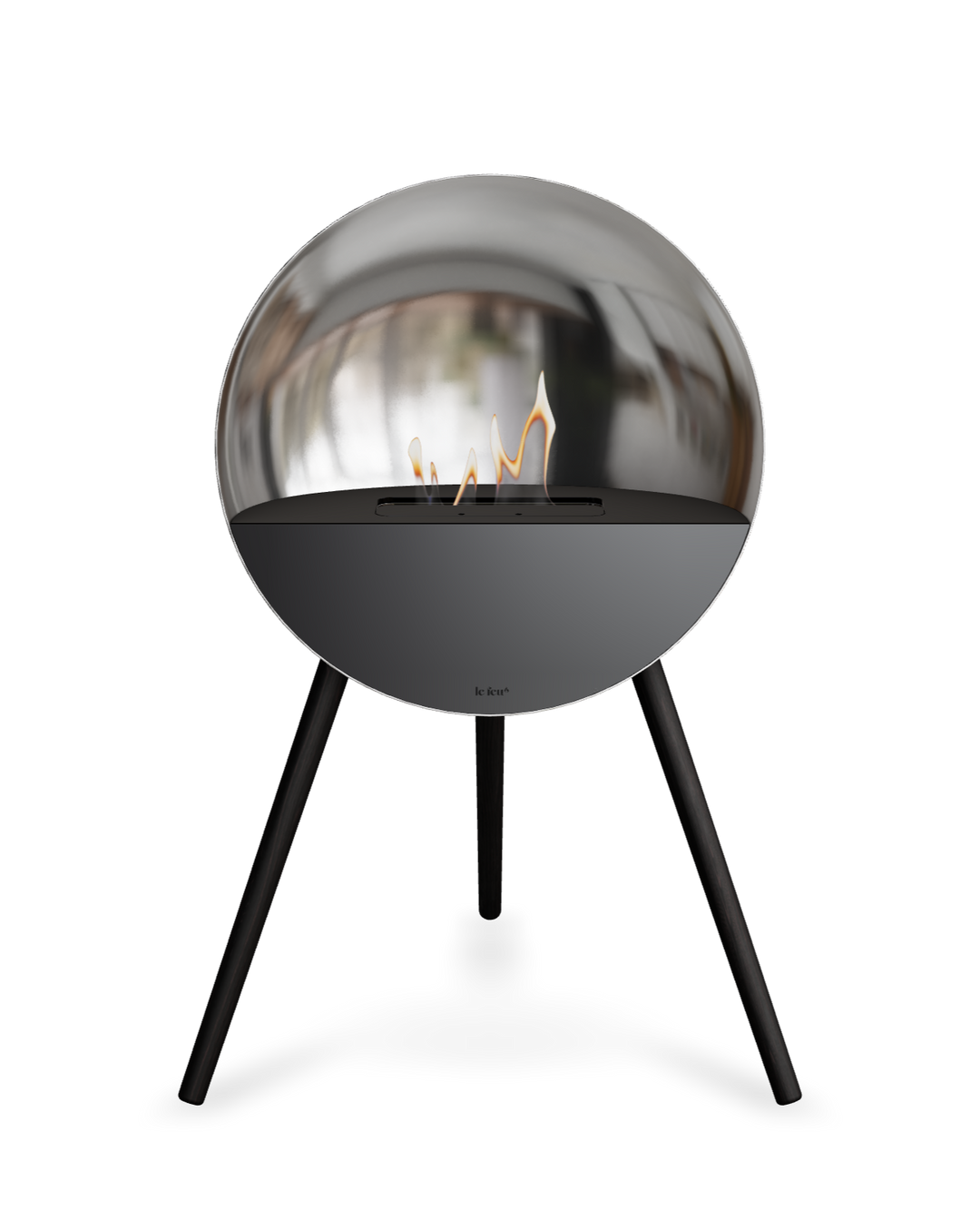 Bioethanol Standkamin Le Feu EYE freistehend in Silber mit oberem Glas in Schwarz, Frontglas in Schwarz und Standfüßen in Schwarz