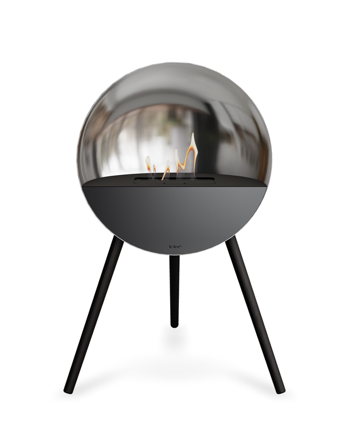 Bioethanol Standkamin Le Feu EYE freistehend in Silber mit oberem Glas in Schwarz, Frontglas in Schwarz und Standfüßen in Schwarz