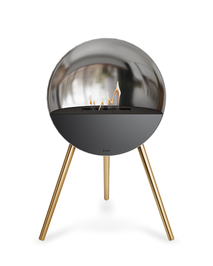 Bioethanol Standkamin Le Feu EYE freistehend in Silber mit oberem Glas in Schwarz, Frontglas in Schwarz und Standfüßen in Roségold