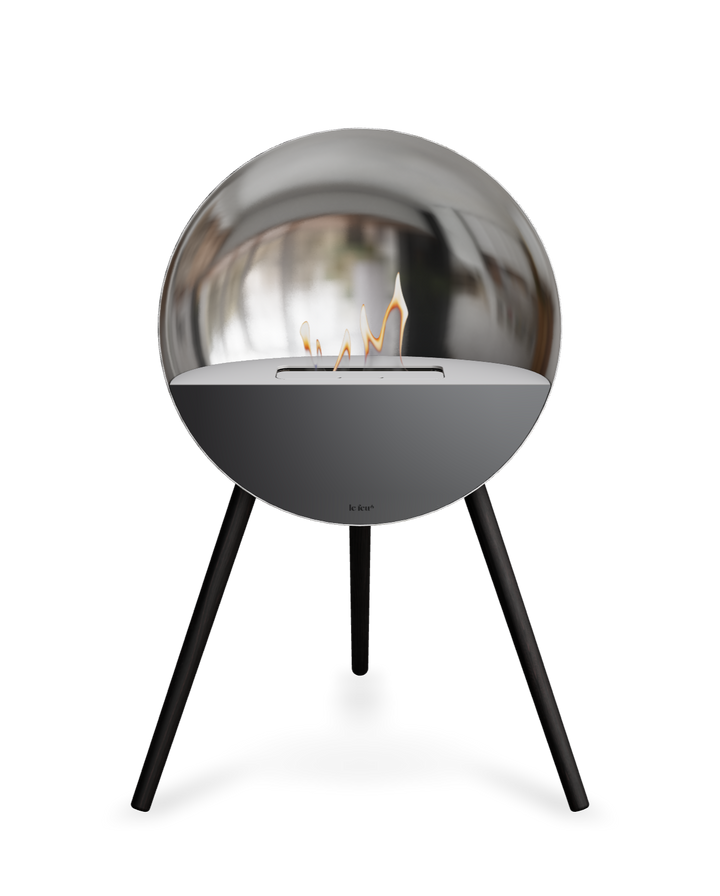 Bioethanol Standkamin Le Feu EYE freistehend in Silber mit oberem Glas in Weiß, Frontglas in Schwarz und Standfüßen in Schwarz