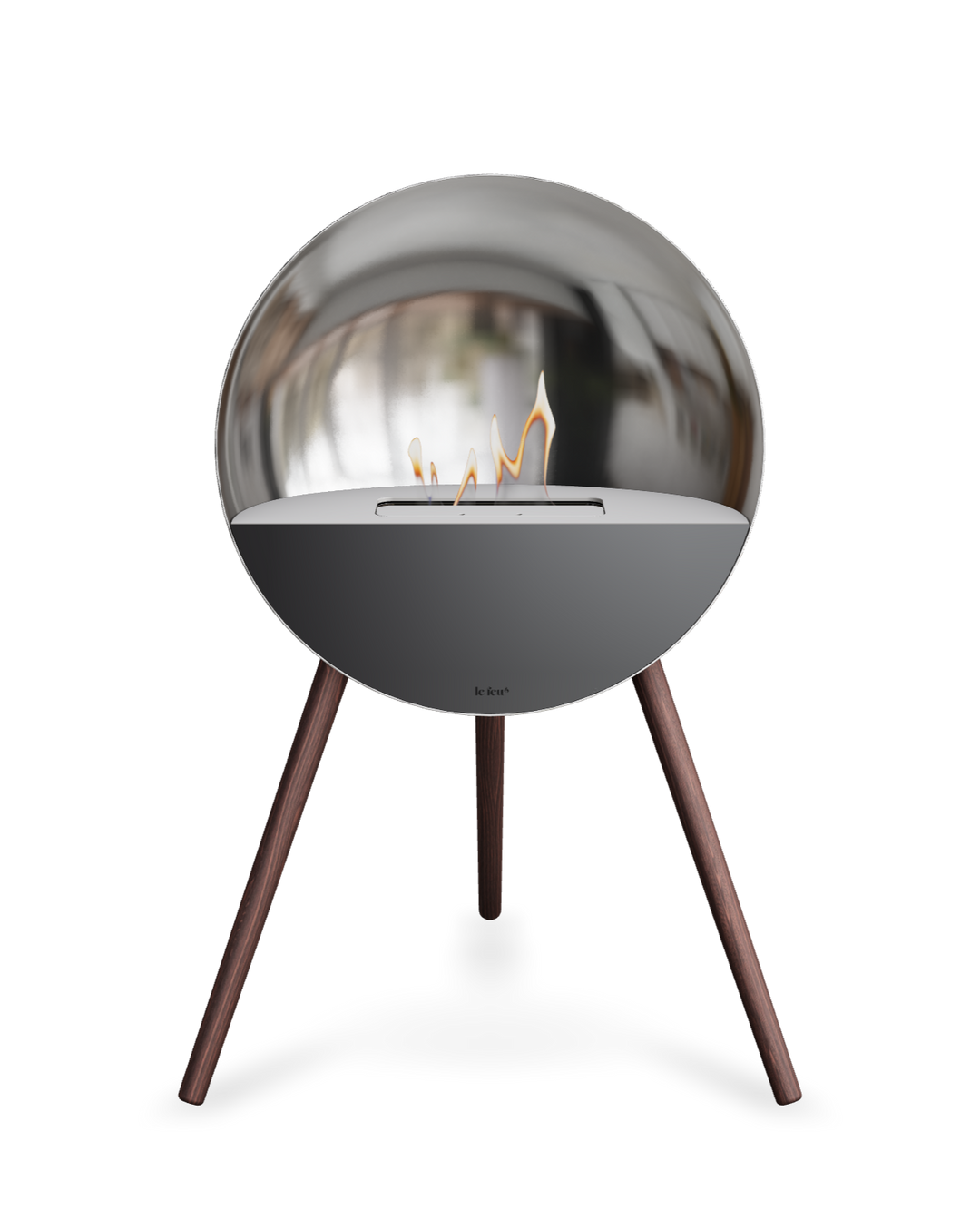 Bioethanol Standkamin Le Feu EYE freistehend in Silber mit oberem Glas in Weiß, Frontglas in Schwarz und Standfüßen aus geräucherter Eiche