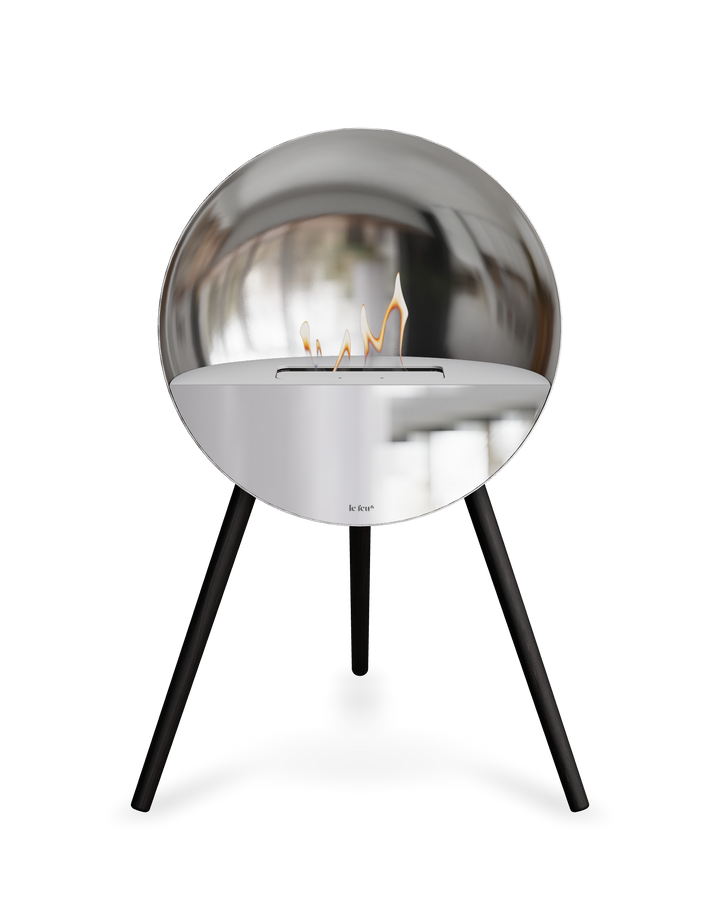 Bioethanol Standkamin Le Feu EYE freistehend in Silber mit oberem Glas in Weiß, Frontglas in Spiegelglas und Standfüßen in Schwarz