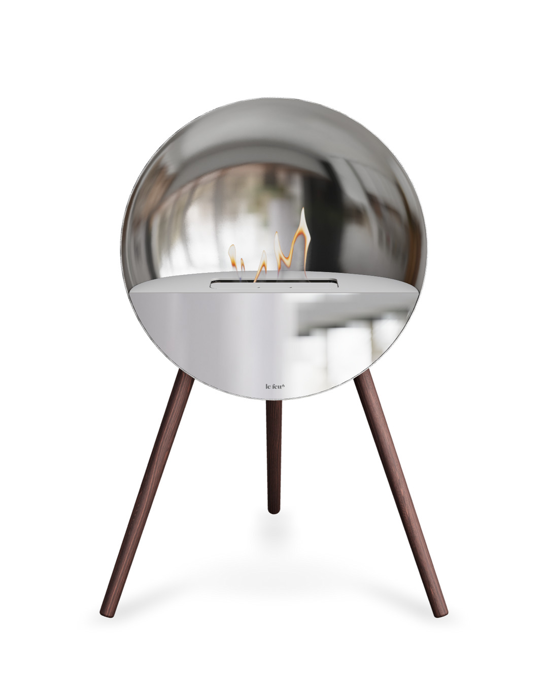 Bioethanol Standkamin Le Feu EYE freistehend in Silber mit oberem Glas in Weiß, Frontglas in Spiegelglas und Standfüßen aus geräucherter Eiche