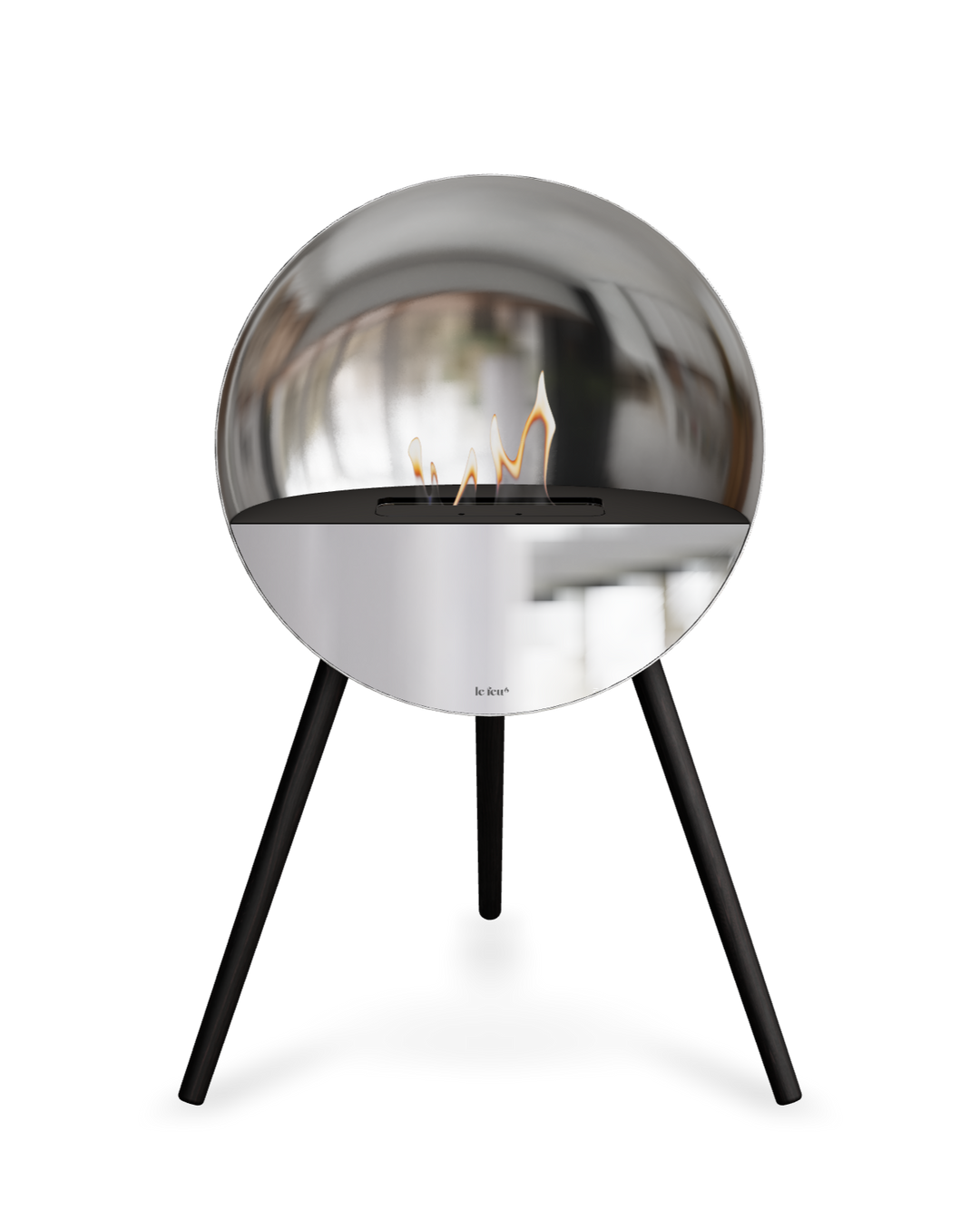 Bioethanol Standkamin Le Feu EYE freistehend in Silber mit oberem Glas in Schwarz, Frontglas in Spiegelglas und Standfüßen in Schwarz