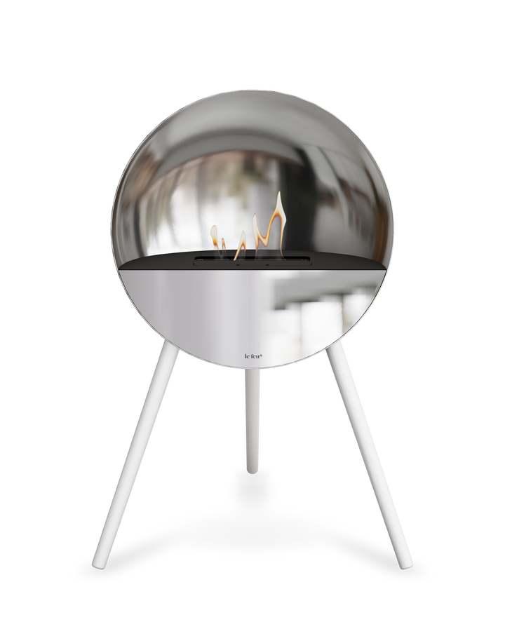 Bioethanol Standkamin Le Feu EYE freistehend in Silber mit oberem Glas in Schwarz, Frontglas in Spiegelglas und Standfüßen in Weiß