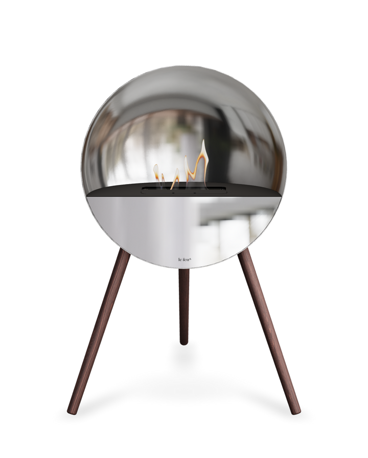 Bioethanol Standkamin Le Feu EYE freistehend in Silber mit oberem Glas in Schwarz, Frontglas in Spiegelglas und Standfüßen aus geräucherter Eiche