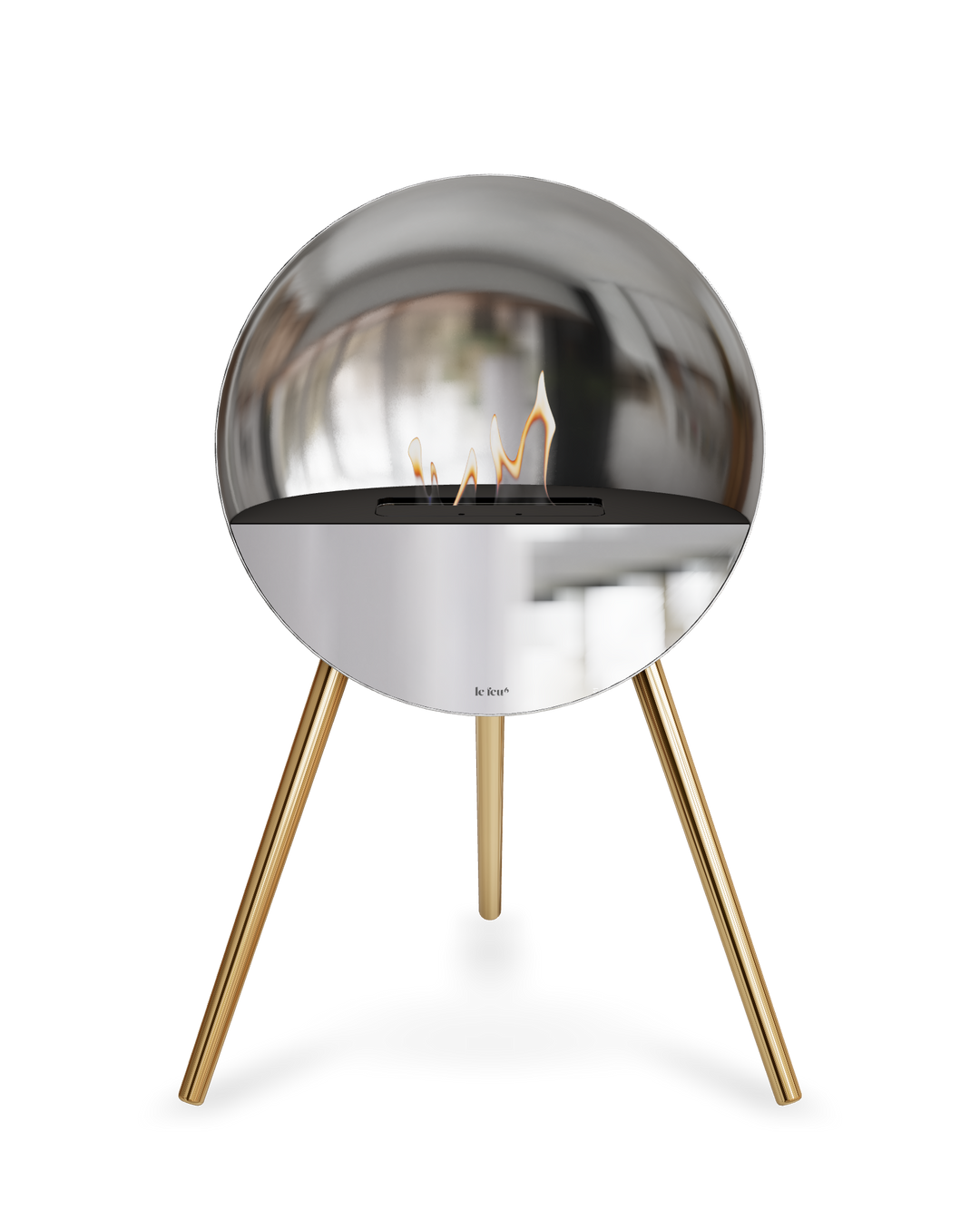 Bioethanol Standkamin Le Feu EYE freistehend in Silber mit oberem Glas in Schwarz, Frontglas in Spiegelglas und Standfüßen in Roségold