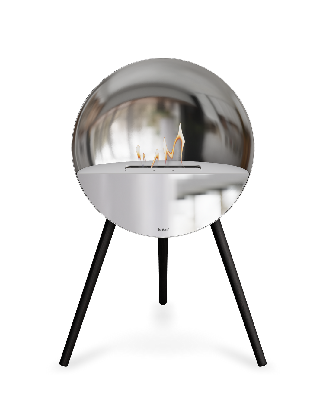 Bioethanol Standkamin Le Feu EYE freistehend in Silber mit oberem Glas in Weiß, Frontglas in Spiegelglas und Standfüßen in Schwarz