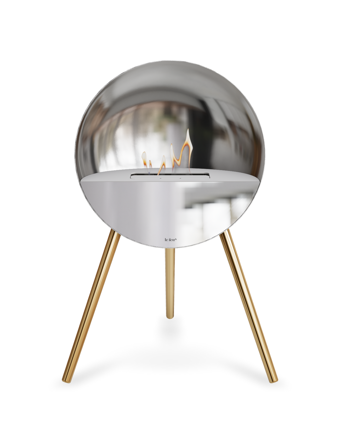 Bioethanol Standkamin Le Feu EYE freistehend in Silber mit oberem Glas in Weiß, Frontglas in Spiegelglas und Standfüßen in Roségold